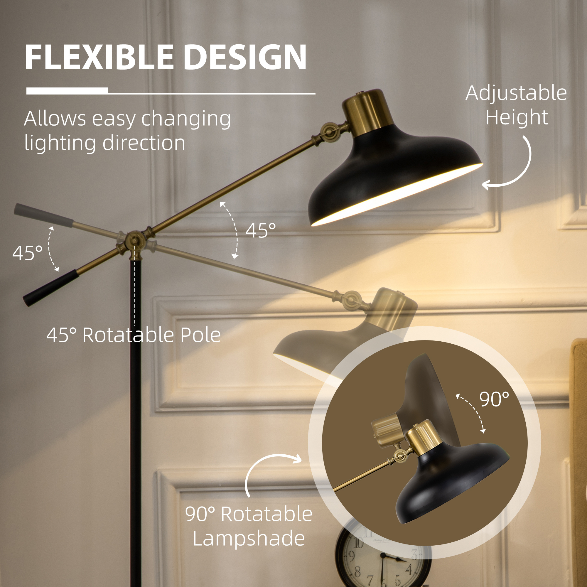 Adjustable Floor Lamp – Black & Gold Swing Arm Standing Lamp - Image 8