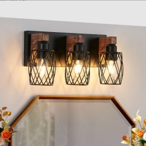3 Light Bathroom Vanity Light – 18 Inch Rustic Black Cage Fixture