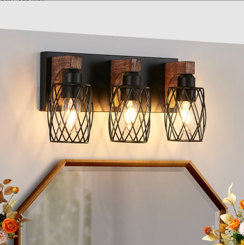 3 Light Bathroom Vanity Light – 18 Inch Rustic Black Cage Fixture