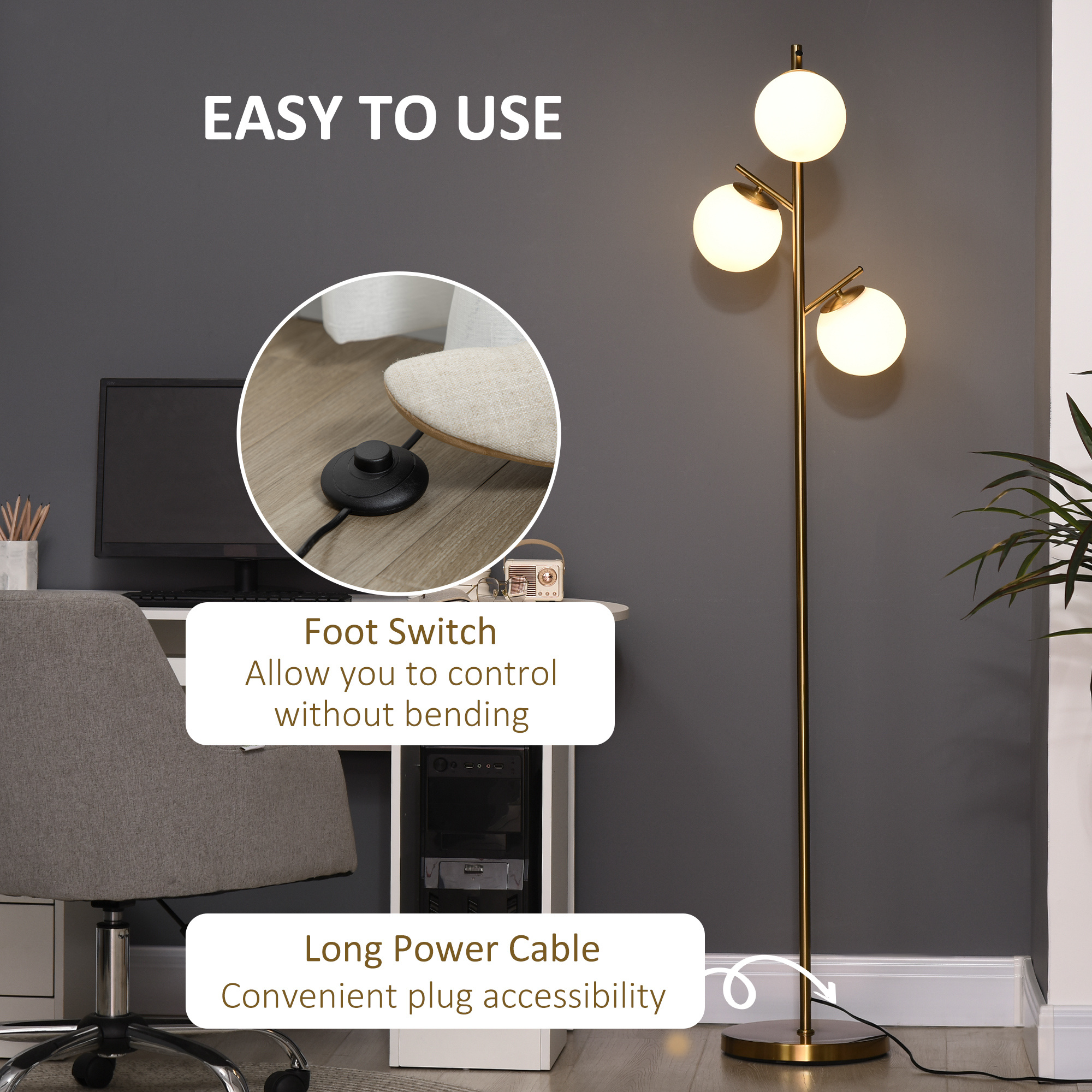 3-Light Floor Lamp – Gold Standing Lamp with Glass Shades - Image 5
