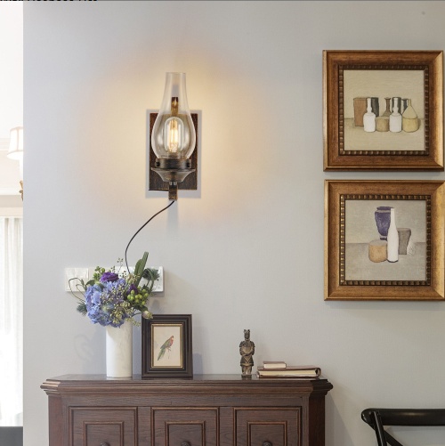 Plug In Wall Sconces Set of 2 – Rustic Black Gold Glass Lights - Image 2