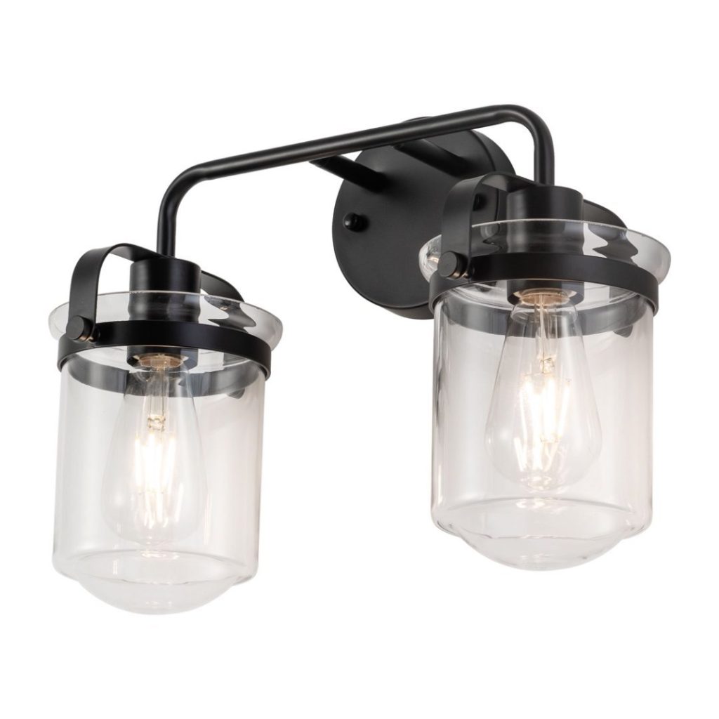 2 Light Wall Sconce – Black Bathroom Vanity Light with Clear Glass