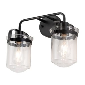 2 Light Wall Sconce – Black Bathroom Vanity Light with Clear Glass