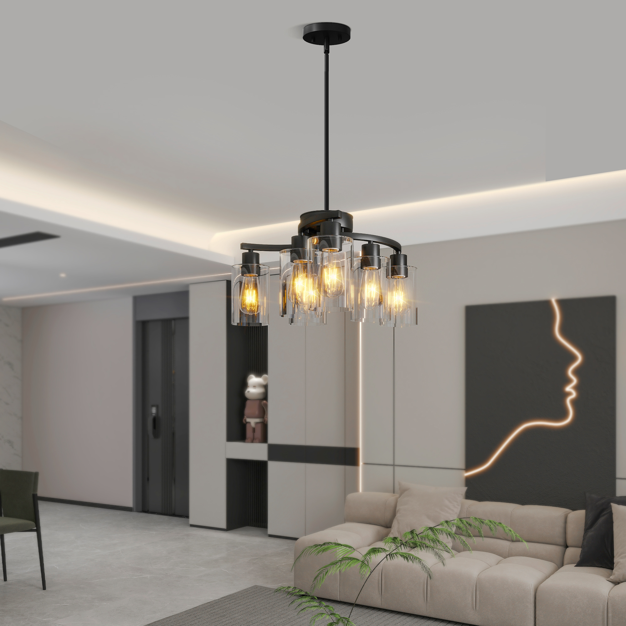 6 Light Black Chandelier – Modern Farmhouse Glass Dining Room Light - Image 3