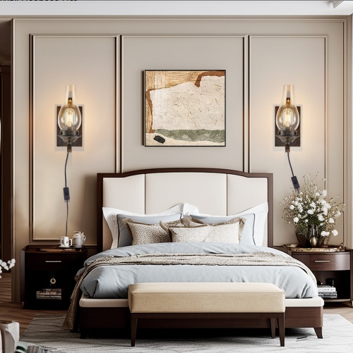 Plug In Wall Sconces Set of 2 – Rustic Black Gold Glass Lights