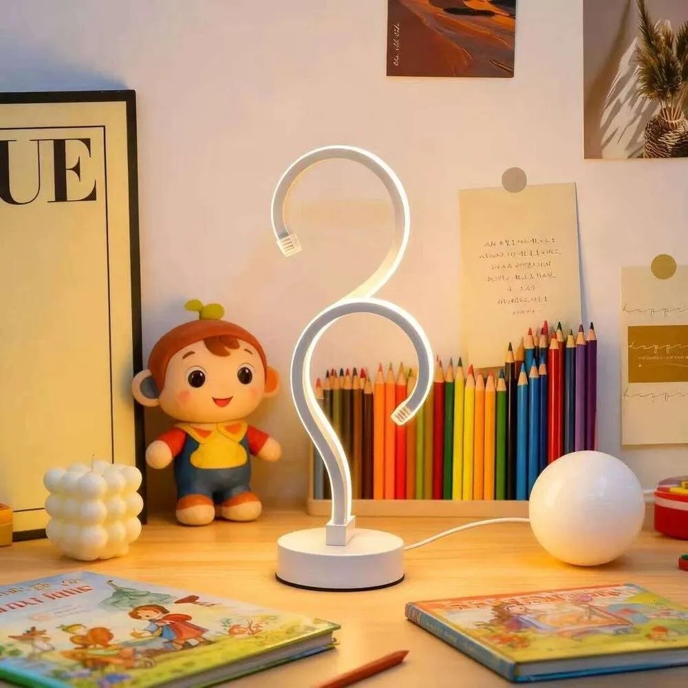 LED Spiral Table Lamp – White Double Question Mark USB Desk Light