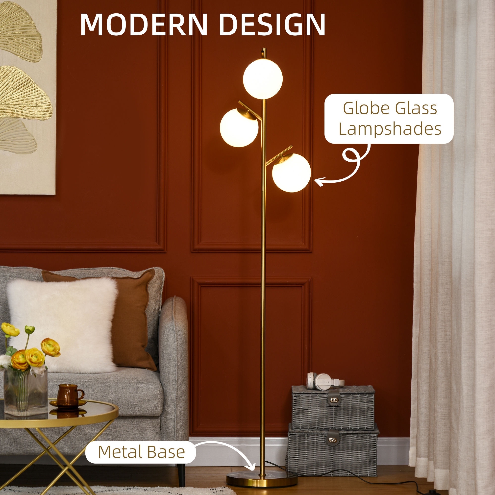 3-Light Floor Lamp – Gold Standing Lamp with Glass Shades - Image 4