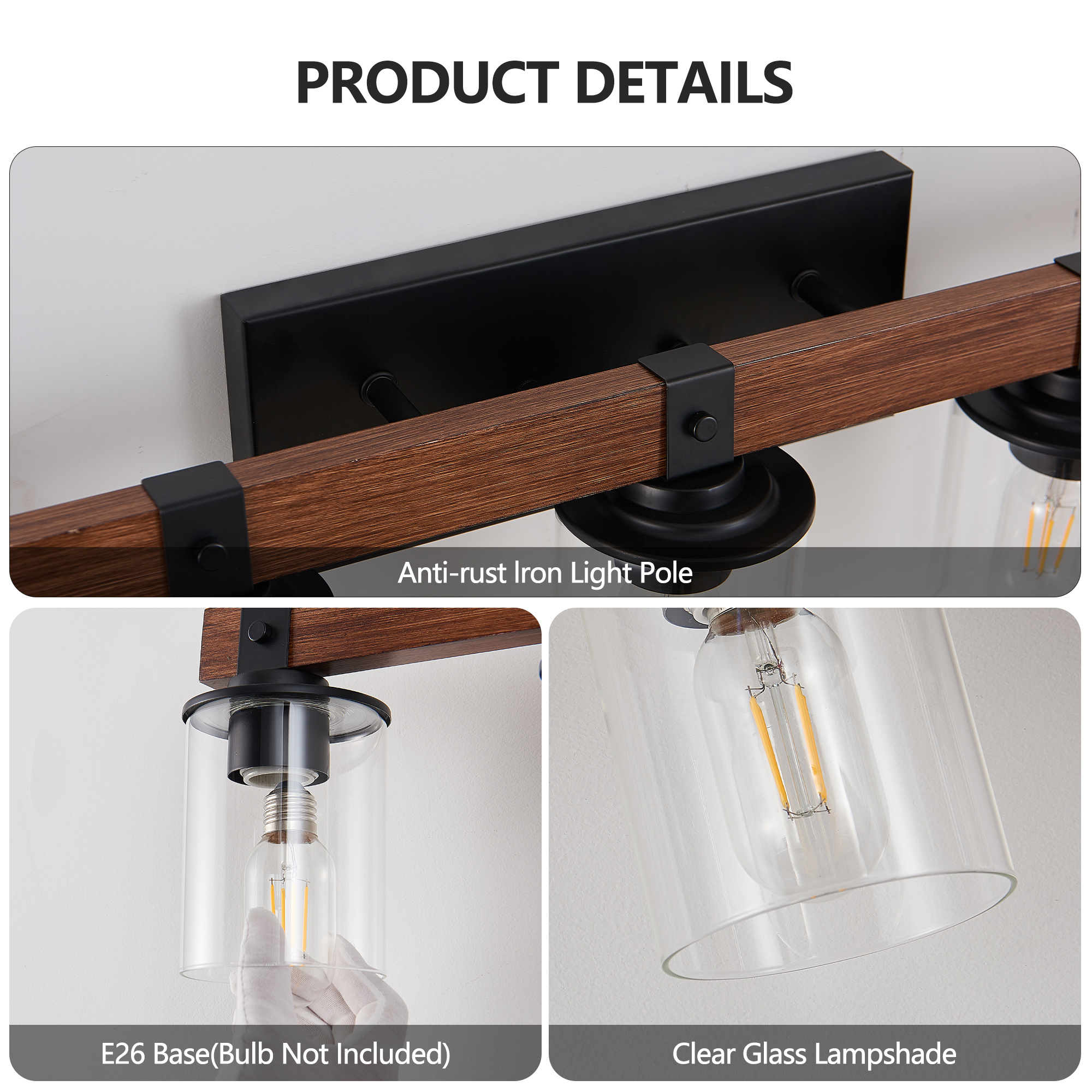 7 Light Bathroom Vanity Light – Industrial Black Wood Fixture with Clear Glass Shades - Image 9