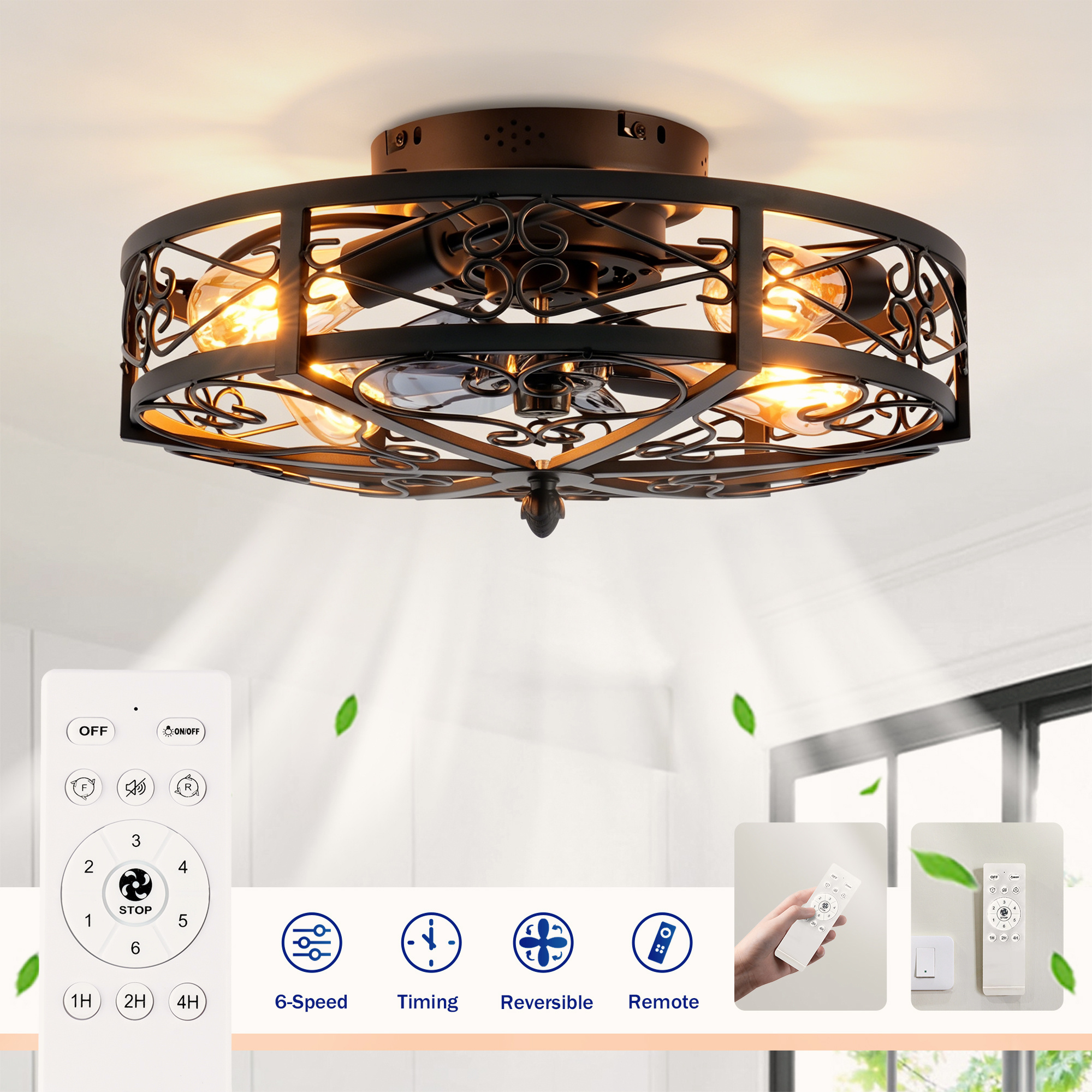 Caged Ceiling Fan with Light – 20 Inch Black Remote Control Fan - Image 4