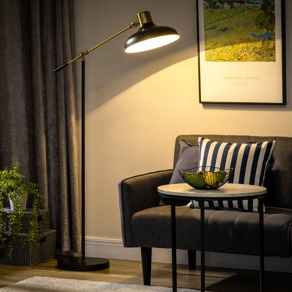 Adjustable Floor Lamp – Black & Gold Swing Arm Standing Lamp