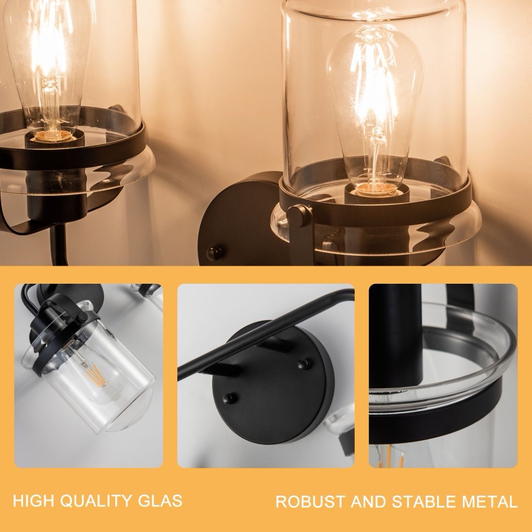 2 Light Wall Sconce – Black Bathroom Vanity Light with Clear Glass - Image 5