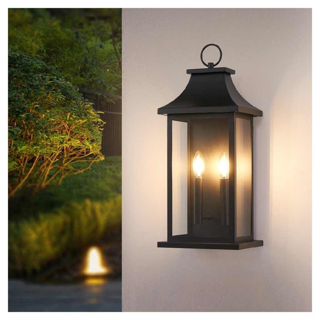 Outdoor Wall Lantern – 22 Inch Black Porch Light with Clear Glass