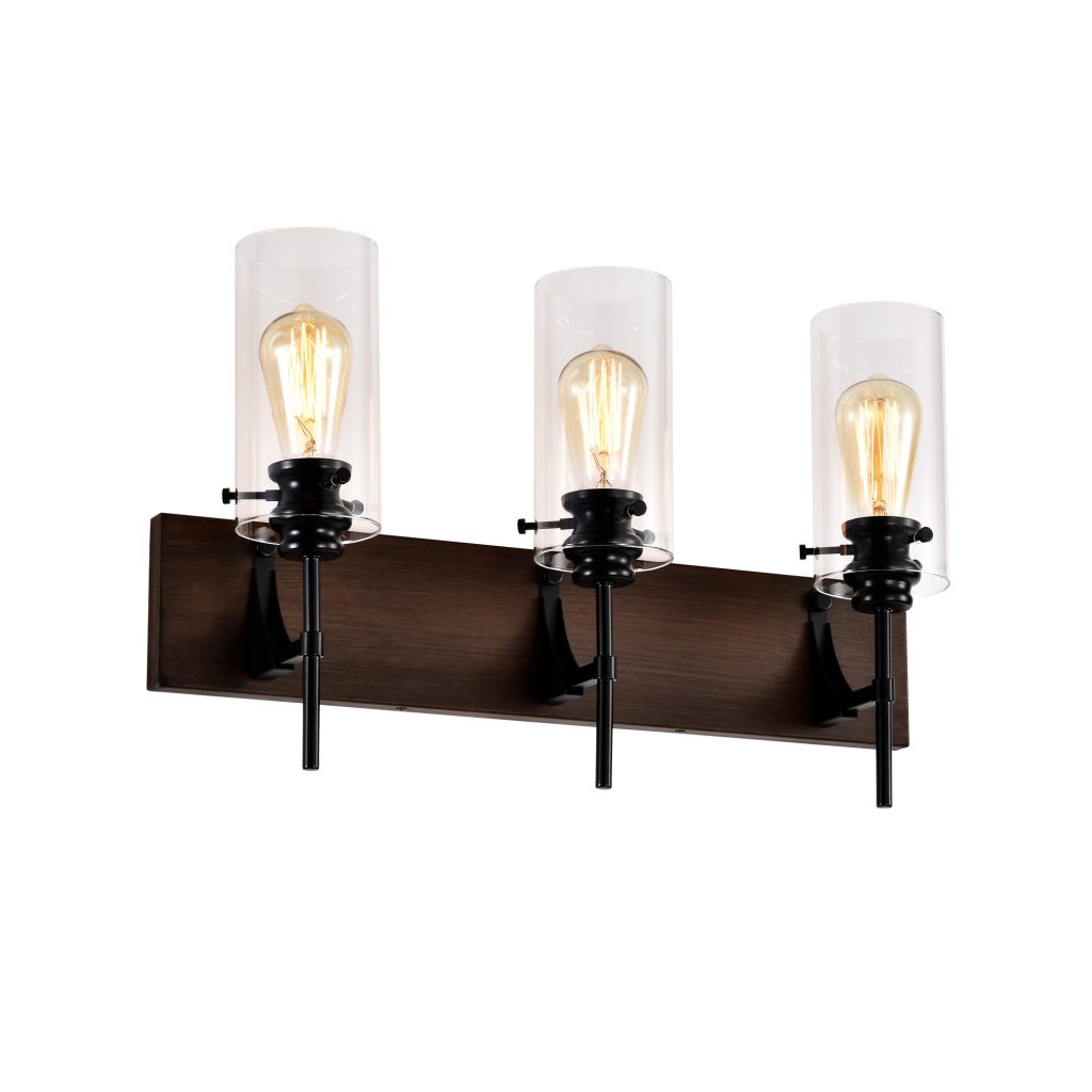 3 Light Bathroom Vanity Light – Matte Black Wood Accent Fixture
