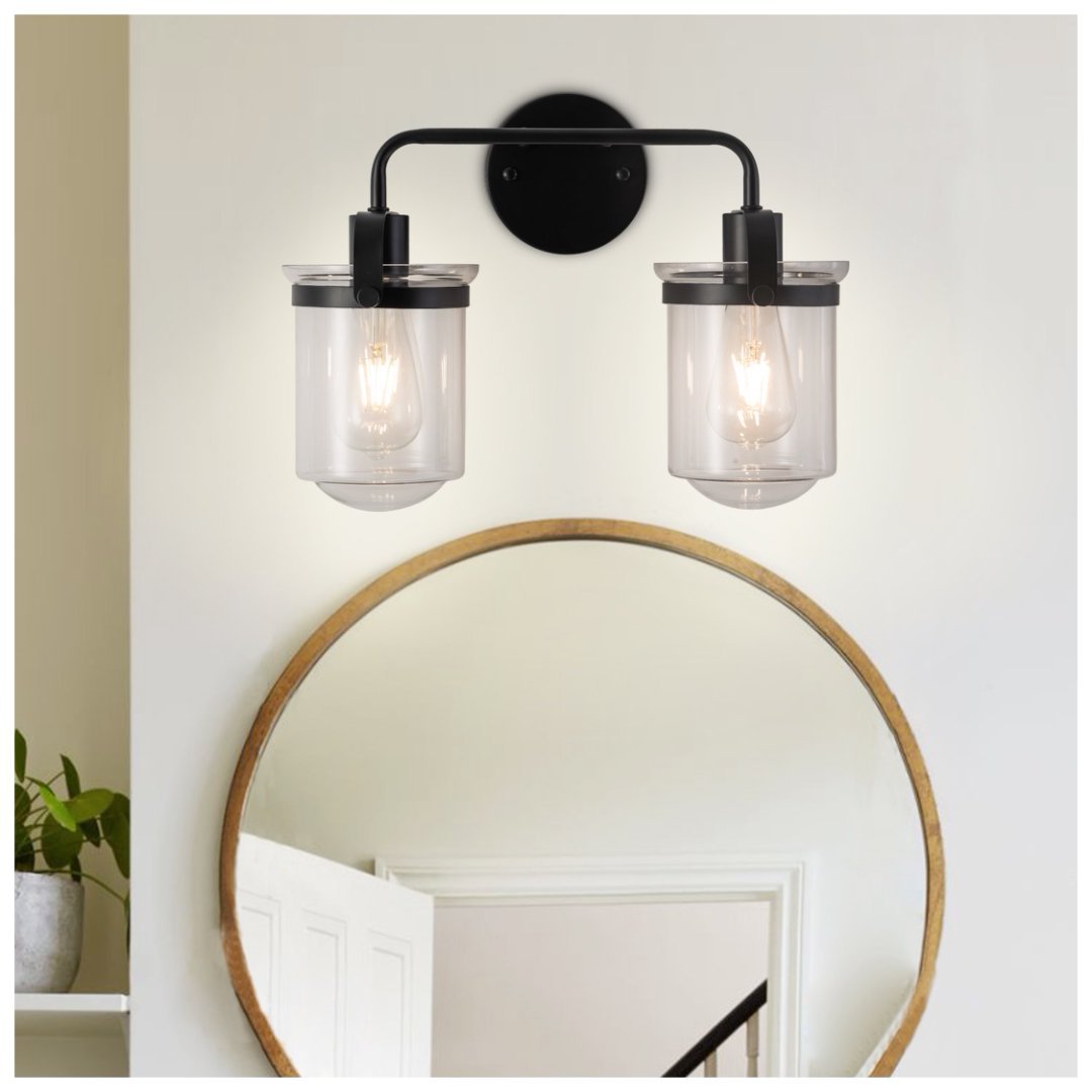 2 Light Wall Sconce – Black Bathroom Vanity Light with Clear Glass - Image 9