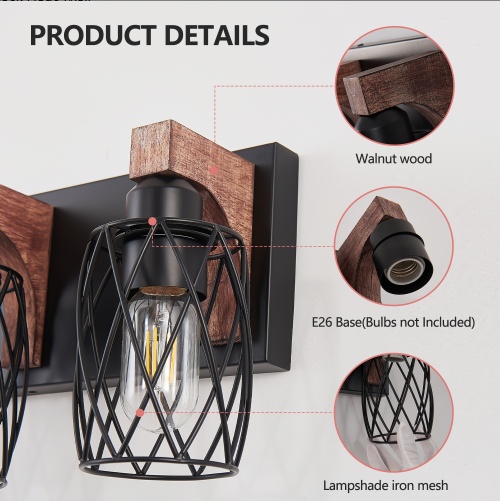 3 Light Bathroom Vanity Light – 18 Inch Rustic Black Cage Fixture - Image 2