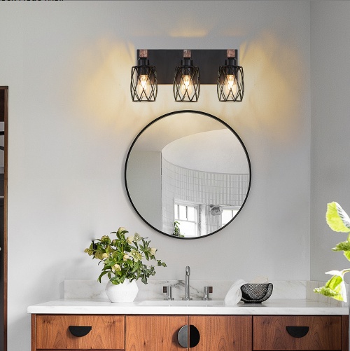 3 Light Bathroom Vanity Light – 18 Inch Rustic Black Cage Fixture - Image 5