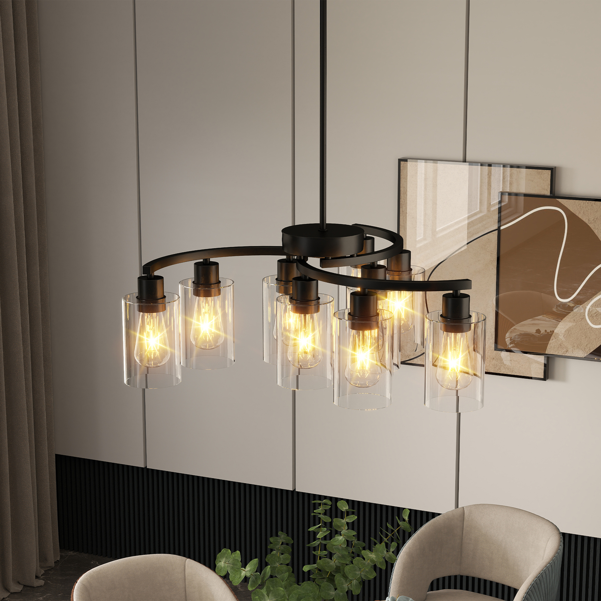 9 Light Chandelier – Modern Black Glass Shade Dining Room Light - Image 2