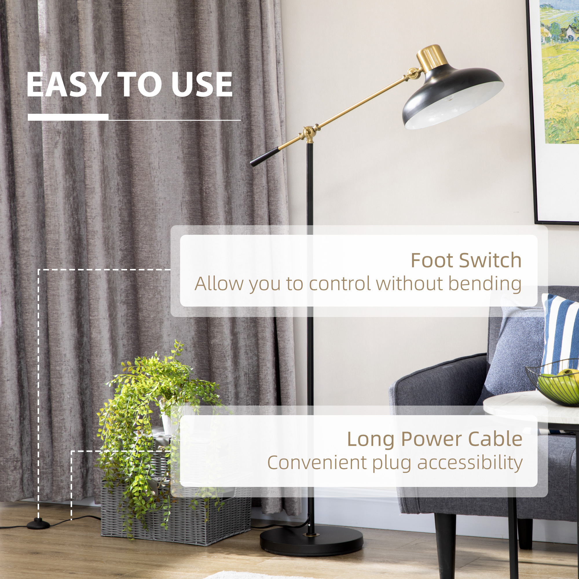 Adjustable Floor Lamp – Black & Gold Swing Arm Standing Lamp - Image 3