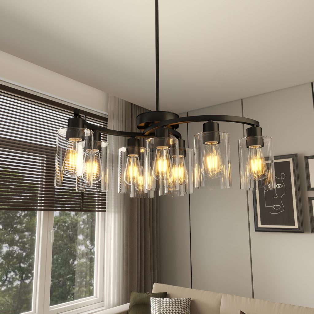 9 Light Chandelier – Modern Black Glass Shade Dining Room Light
