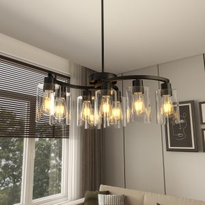 9 Light Chandelier – Modern Black Glass Shade Dining Room Light