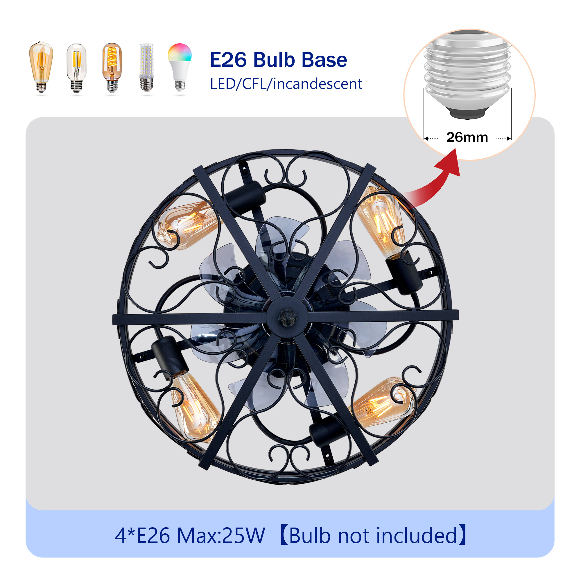 Caged Ceiling Fan with Light – 20 Inch Black Remote Control Fan - Image 7