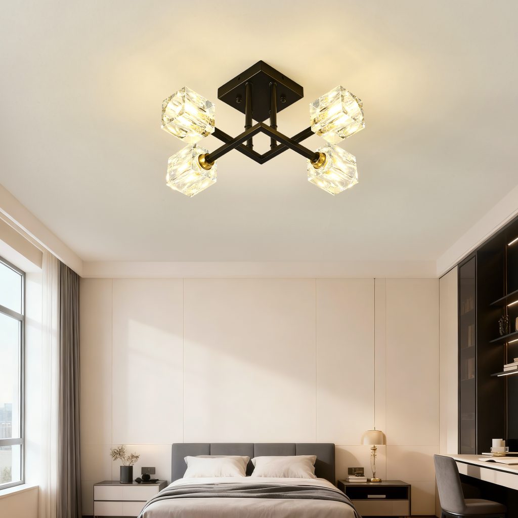 Crystal Ceiling Light – 4-Light Modern Black Flush Mount Fixture