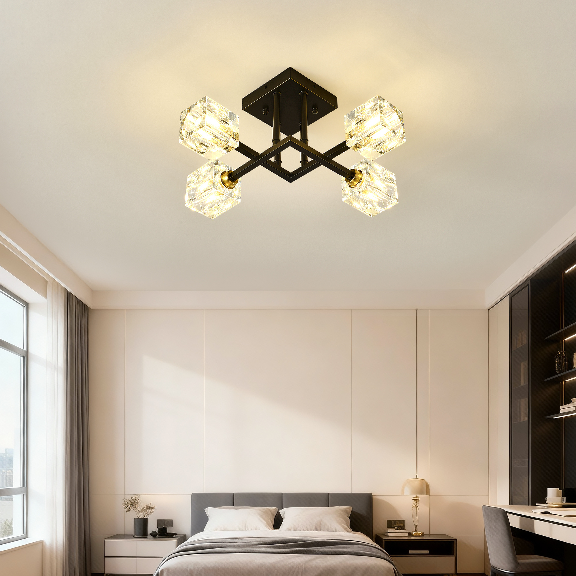 Crystal Ceiling Light – 4-Light Modern Black Flush Mount Fixture