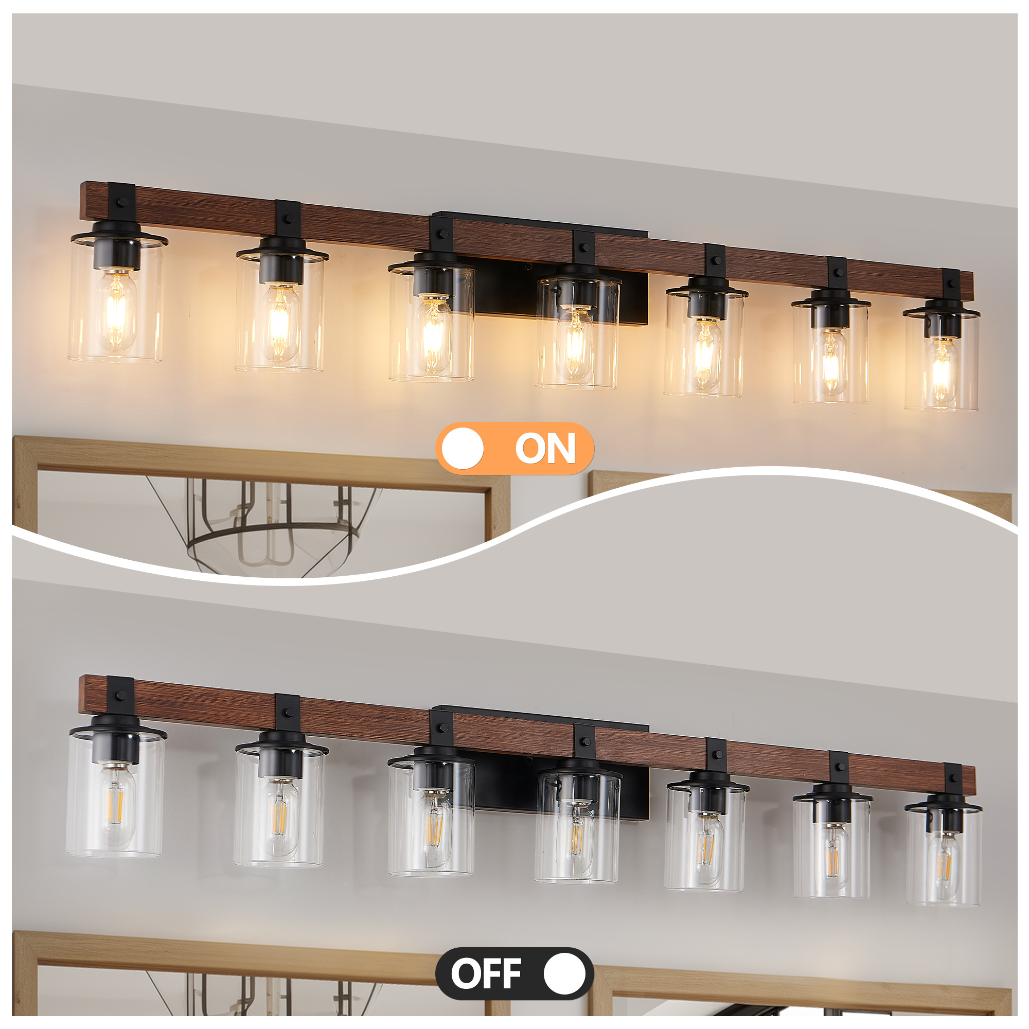 7 Light Bathroom Vanity Light – Industrial Black Wood Fixture with Clear Glass Shades - Image 7