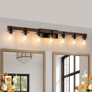 7 Light Bathroom Vanity Light – Industrial Black Wood Fixture with Clear Glass Shades