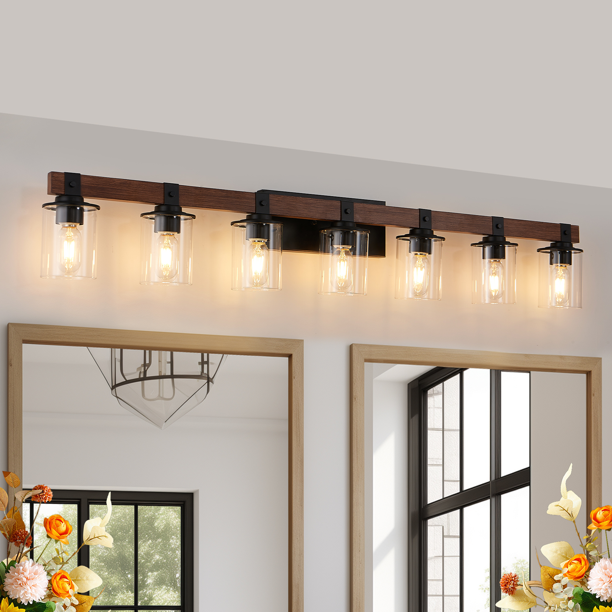 7 Light Bathroom Vanity Light – Industrial Black Wood Fixture with Clear Glass Shades