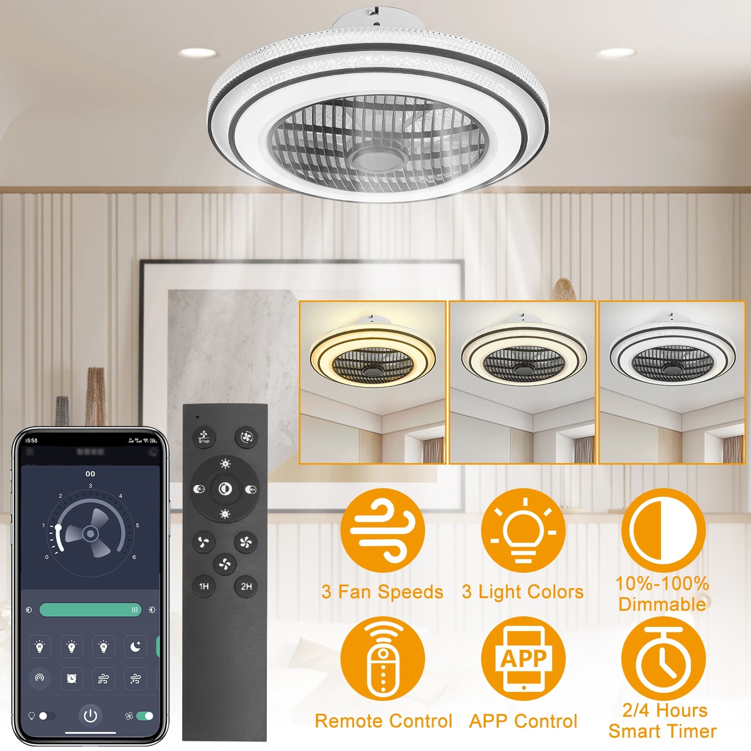 LED Ceiling Fan with Light – Smart Dimmable Flush Mount Fan - Image 5
