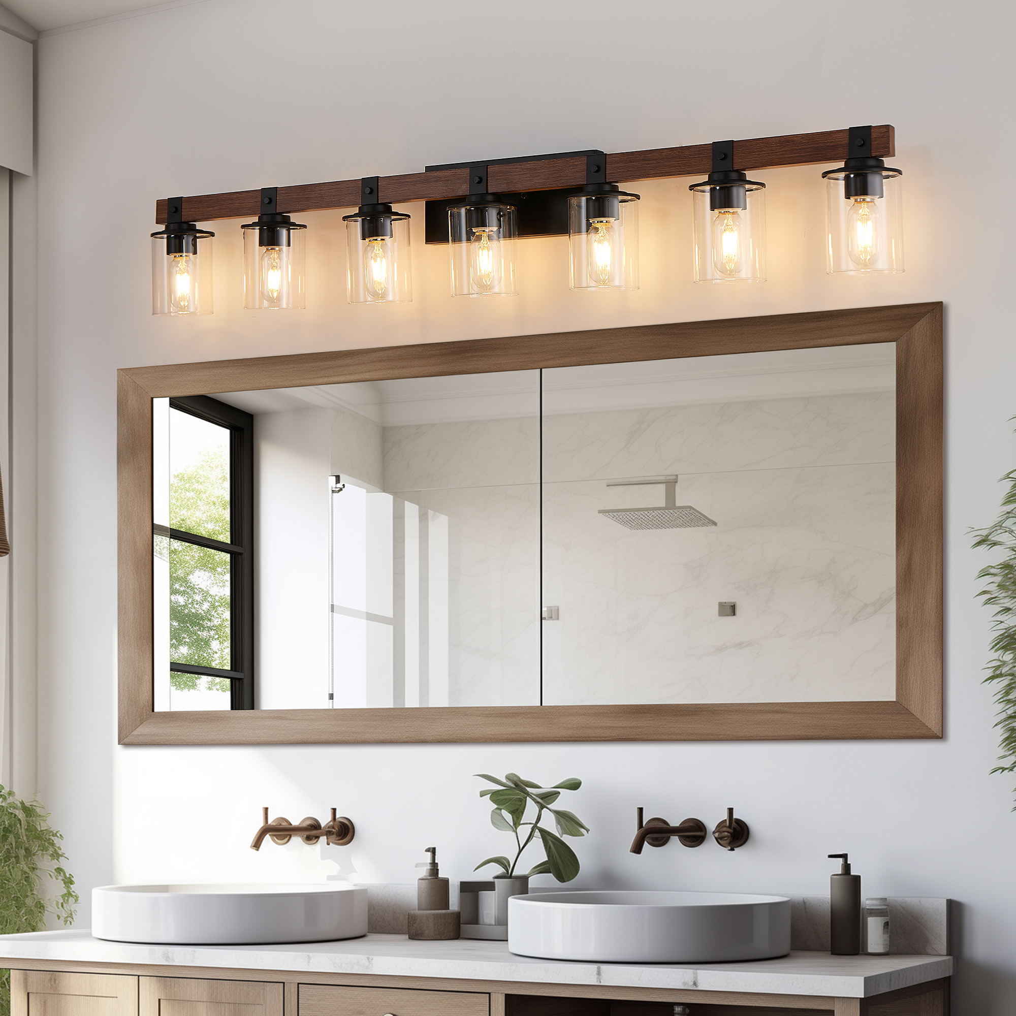 7 Light Bathroom Vanity Light – Industrial Black Wood Fixture with Clear Glass Shades - Image 4