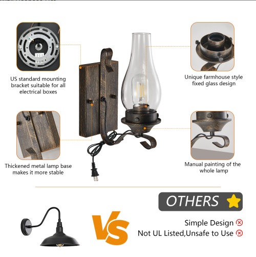 Plug In Wall Sconces Set of 2 – Rustic Black Gold Glass Lights - Image 8