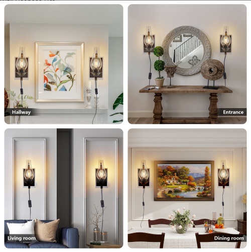Plug In Wall Sconces Set of 2 – Rustic Black Gold Glass Lights - Image 4