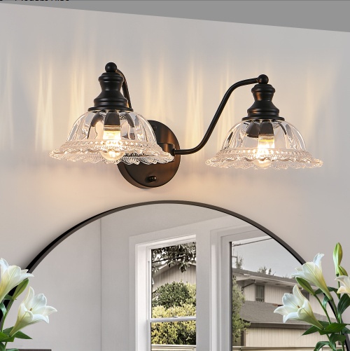 2 Light Bathroom Vanity Light – Black Glass Wall Sconce
