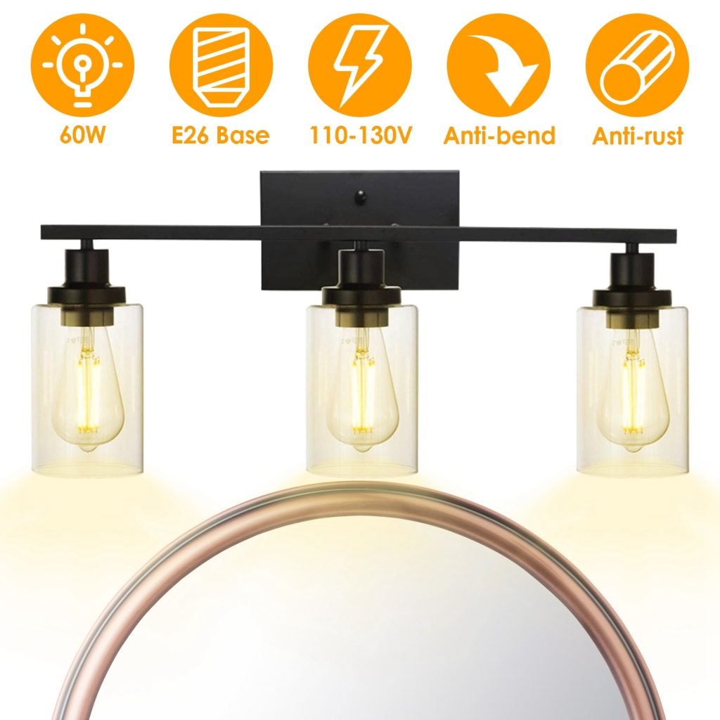 3 Light Bathroom Vanity Light – Black Clear Glass Wall Fixture