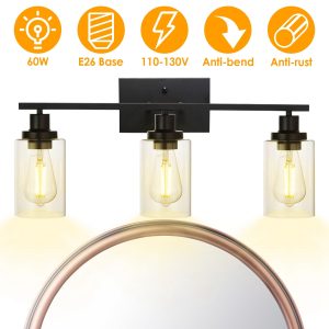 3 Light Bathroom Vanity Light – Black Clear Glass Wall Fixture