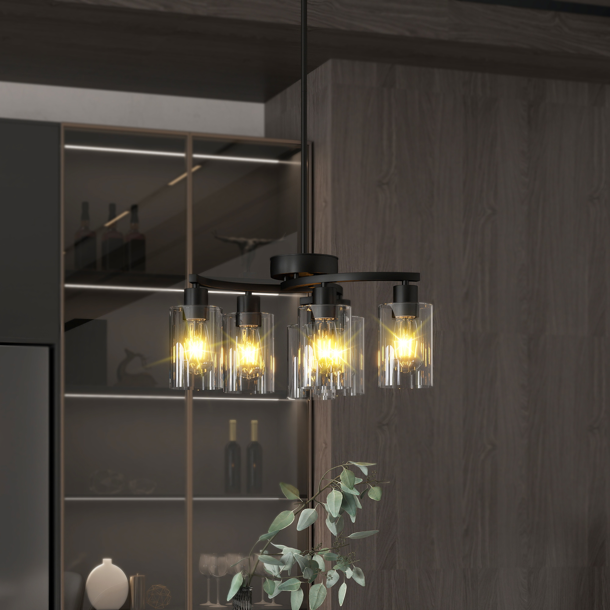 6 Light Black Chandelier – Modern Farmhouse Glass Dining Room Light