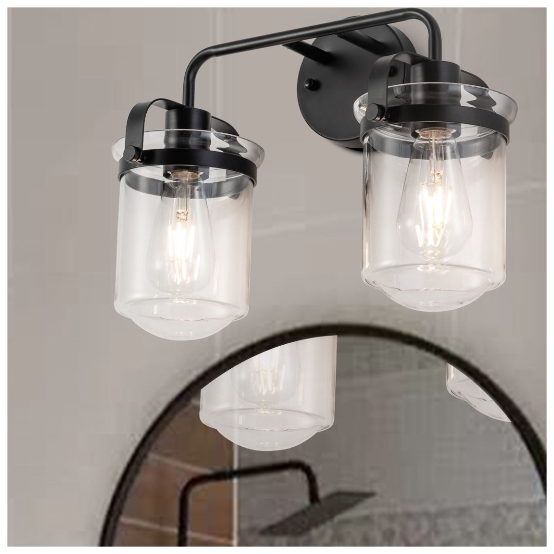 2 Light Wall Sconce – Black Bathroom Vanity Light with Clear Glass - Image 6